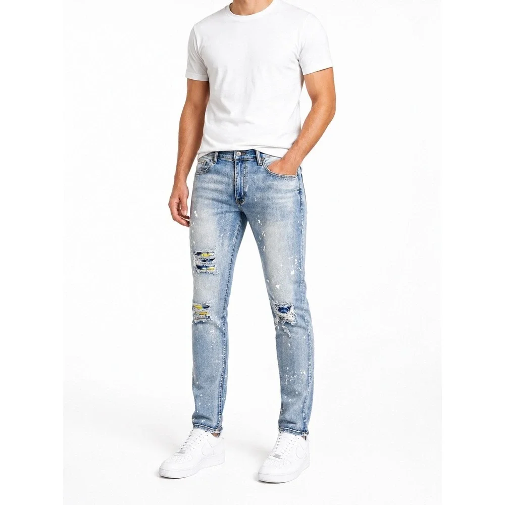 Waimea Men's Slim Fit Distressed Paint Splatter‎ Jeans Light Wash 36x32